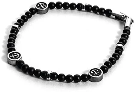 4US Gioielli 4UBR1731 Bracciale da Uomo con Perline di Onice Nero con Simbolo Ancora