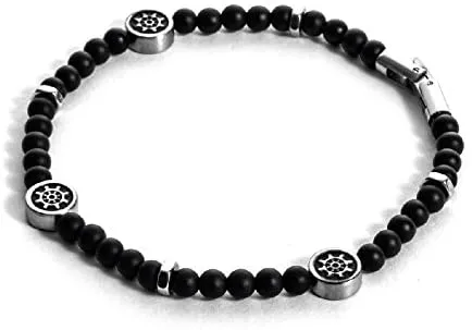 4US Gioielli 4UBR1733 Bracciale da Uomo con Perline di Onice Nero con Simbolo Timone