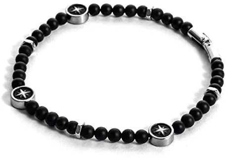 4US Gioielli 4UBR1732 Bracciale da Uomo con Perline di Onice Nero con Simbolo Rosa dei Venti