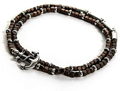 4US Gioielli 4UBR1727 Bracciale da Uomo Doppio con Perline di Semiprezioso Marrone e Ancora WRECK