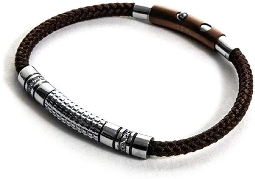 4US Gioielli 4UBR1735 Bracciale da Uomo in Acciaio e Tessuto Marrone