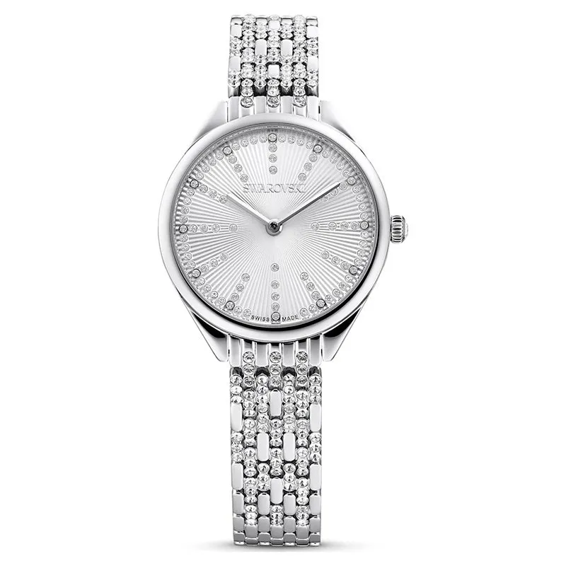 SWAROVSKI – Orologio Attract Fabbricato in Svizzera, Pavé, Bracciale di metallo, Tono argentato, Acciaio inossidabile