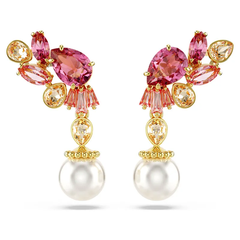 SWAROVSKI – ORECCHINI DONNA – Orecchini pendenti Gema Taglio misto, Crystal Pearl, Fiore, Rosa, Placcato color oro
