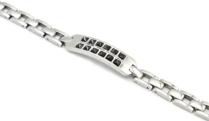 4US Gioielli 4UBR0729 Bracciale da Uomo in Acciaio con Targhetta e Pietre Nere