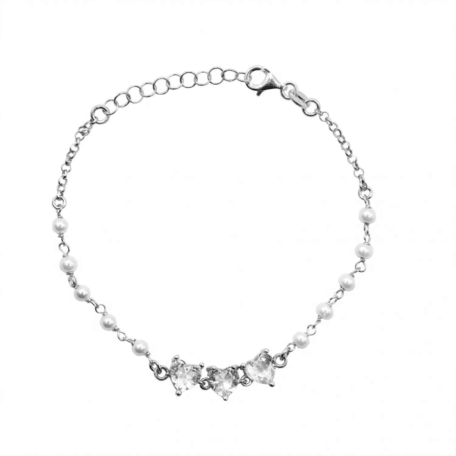 Bracciale in Argento 925 con Cuori e Perline
