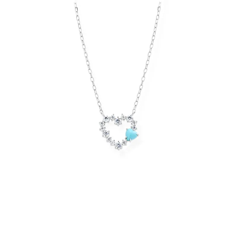 Collier in Argento 925 con Cuore di Zirconi e Cuoricino Azzurro