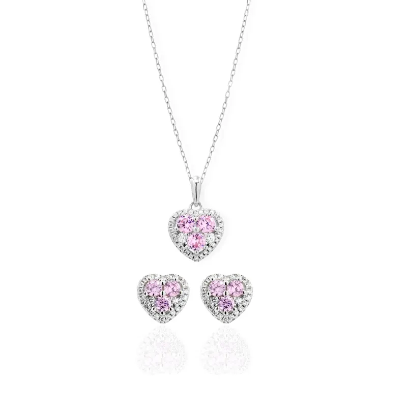 Parure in Argento 925 con Cuori e Pietre Rosa