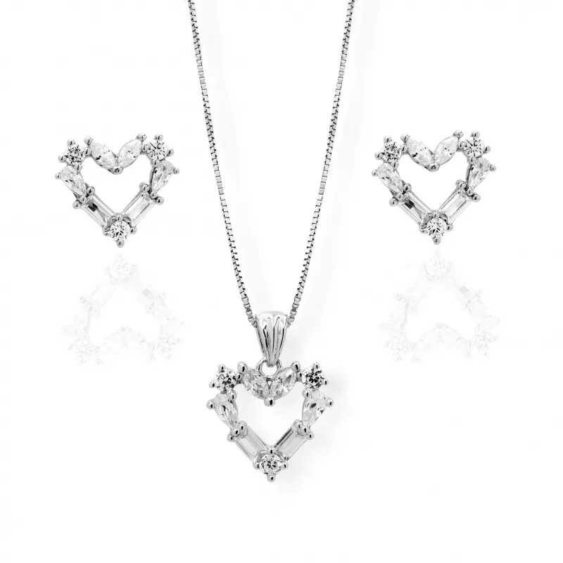 Parure in Argento con Cuori di Zirconi Taglio Baguette
