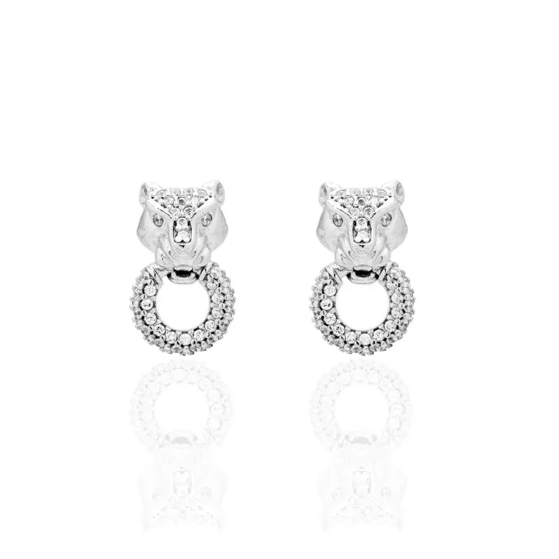Orecchini in Argento 925 Testa di Pantera e Anello di Zirconi