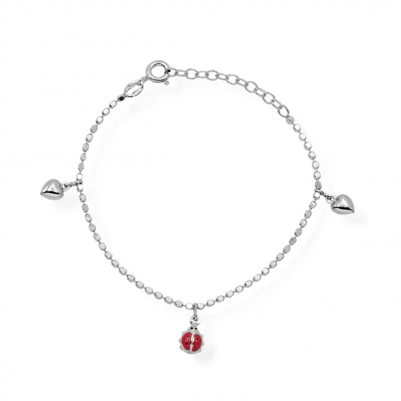 Bracciale in Argento 925 Charms Cuori e Coccinella