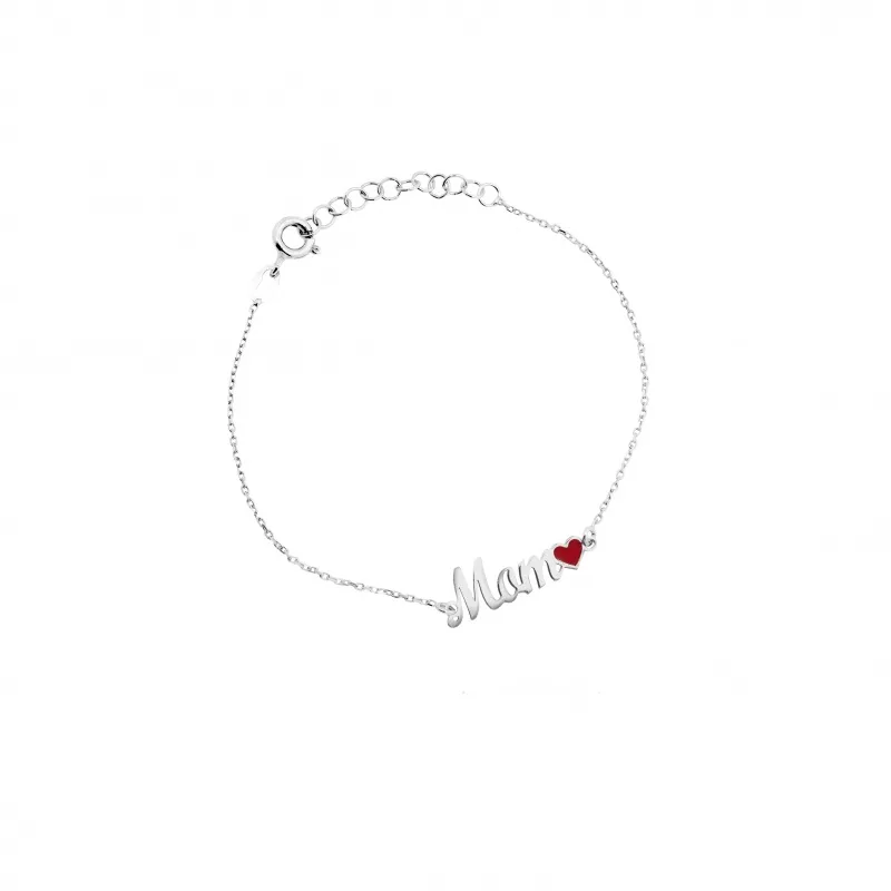 Bracciale in Argento 925 con Scritta Mom e Cuore Rosso