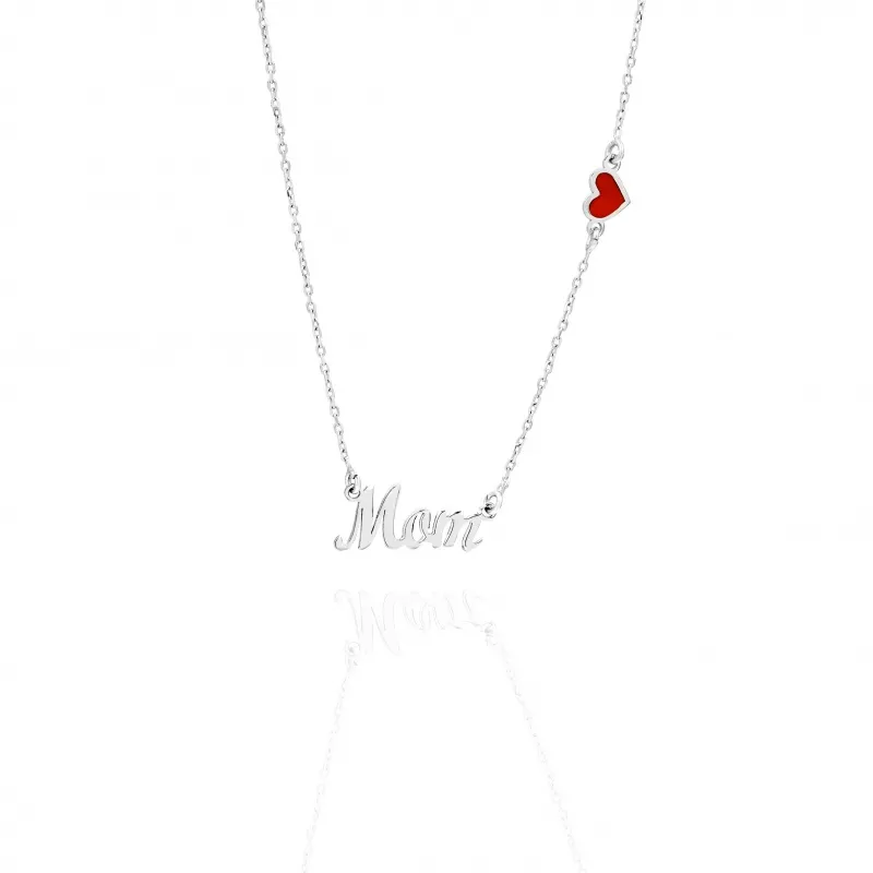 Collana in Aergento 925 con Scritta Mom e Cuore Rosso