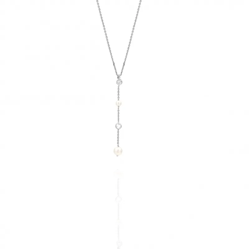 Collana in Argento 925 a Cravattina con Perle e Zirconi Alternati