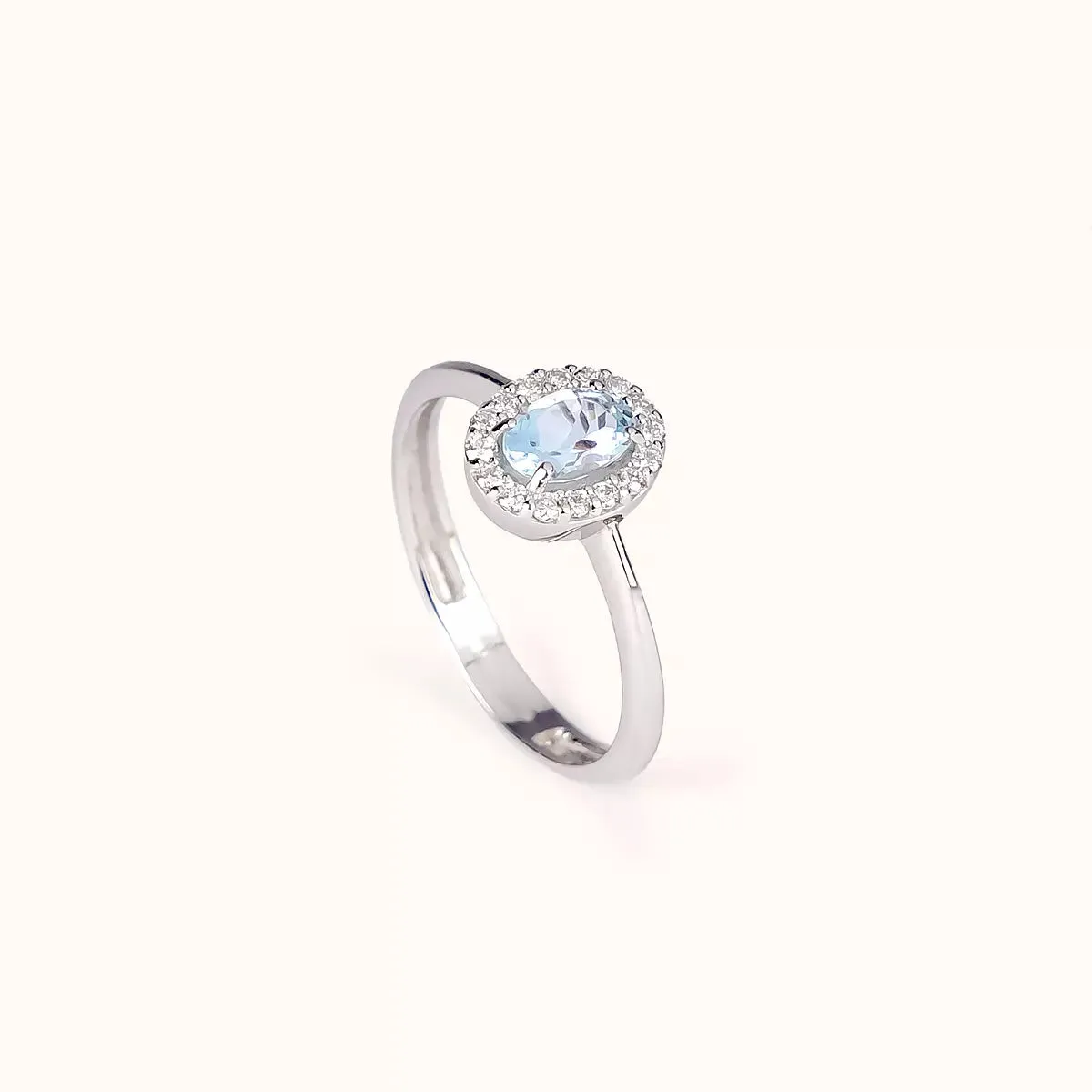 ALFYO Anello Acquamarina con Contorno Diamanti in Oro Bianco