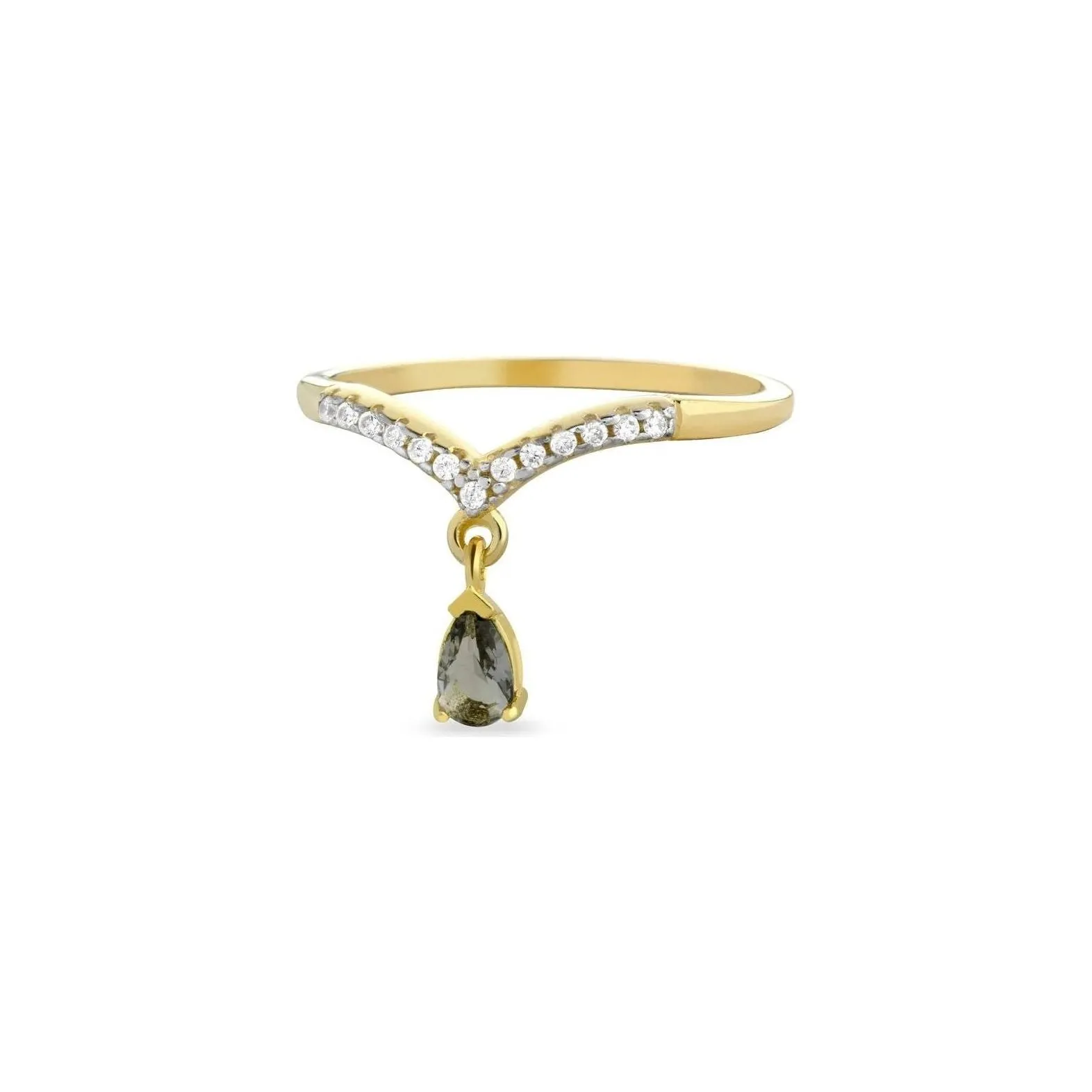 Anello Argento B925 Bagno Oro Giallo Zirconi Bianchi E Goccia Grigia