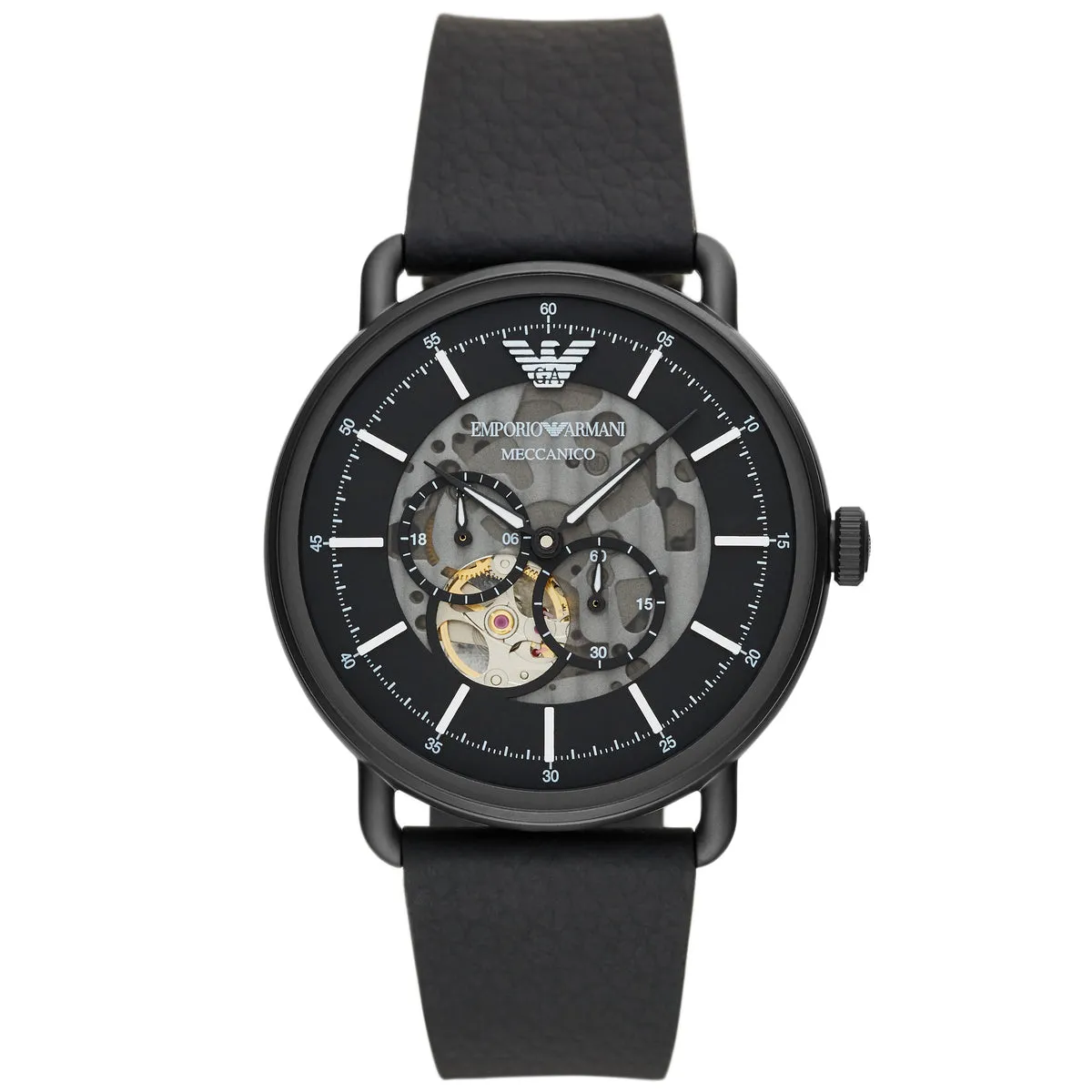 EMPORIO ARMANI AR60028 AVIATOR Orologio Meccanico Multifunzione Uomo in Pelle Nero