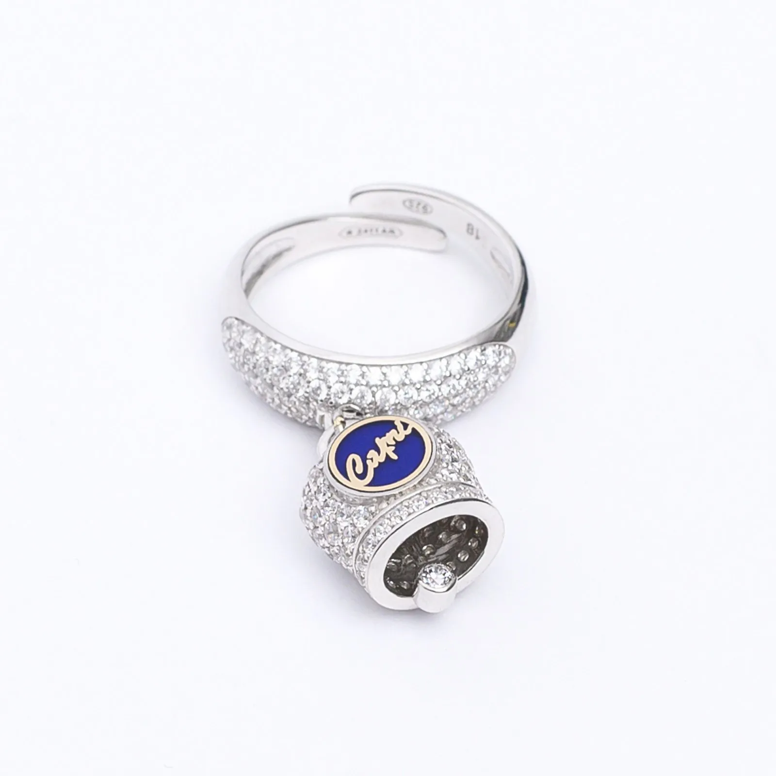Anello donna campana capri zirconato con placchetta smaltata blu (regolabile)