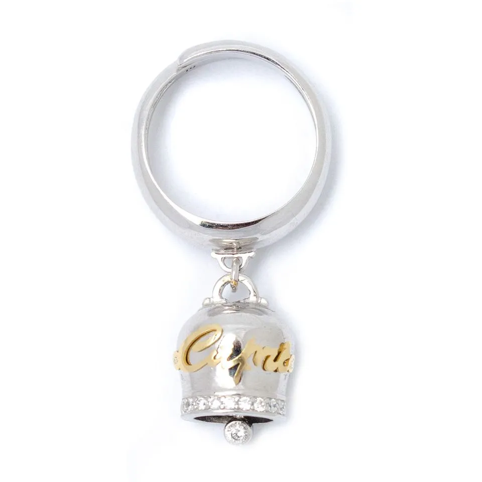 Anello donna con Campanella della fortuna in argento 925, zirconi e lettering Capri in oro 18 kt