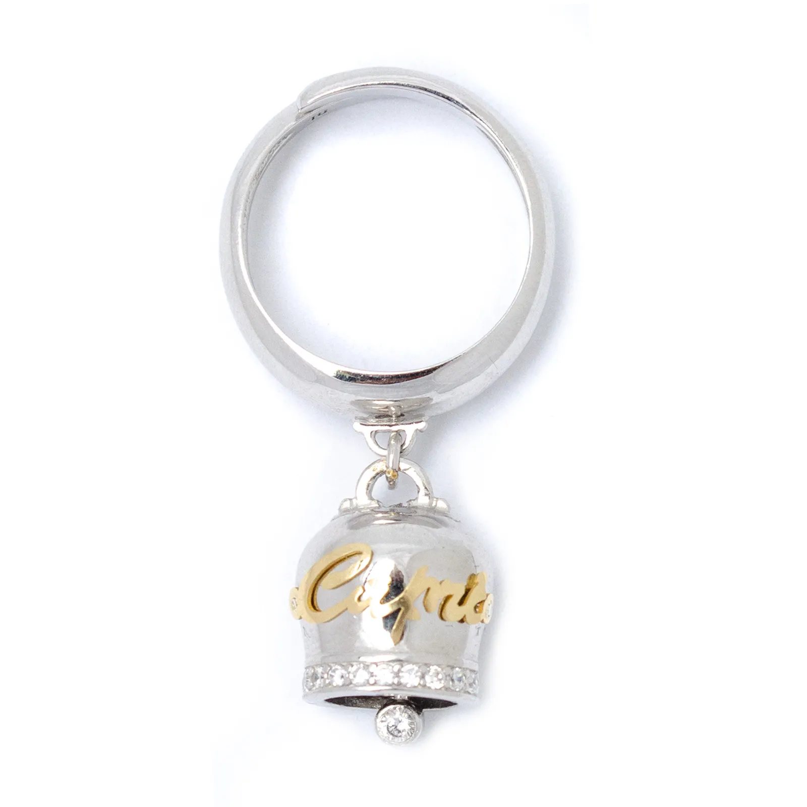 Anello donna con Campanella della fortuna in argento 925, zirconi e lettering Capri in oro 18 kt (regolabile)