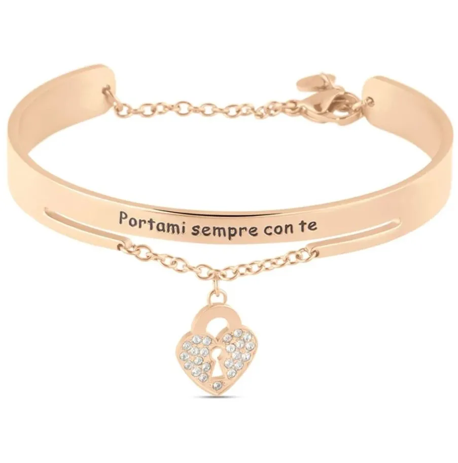 Bracciale donna Stroili bangle lady message acciaio rosato lucchetto e cristalli 1675531
