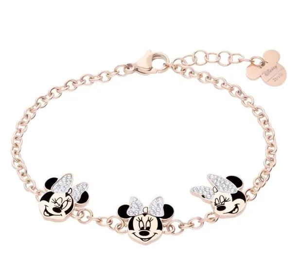 Bracciale in acciaio rosato con 3 ciondoli Minni e strass 1672044