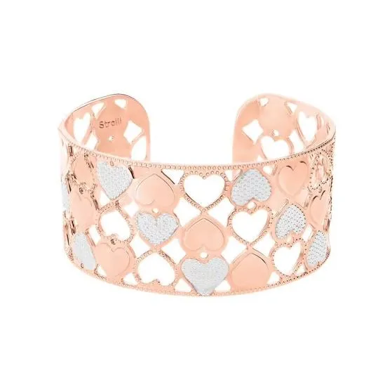 Bracciale rigido big in bronzo rosato con cuori bicolore