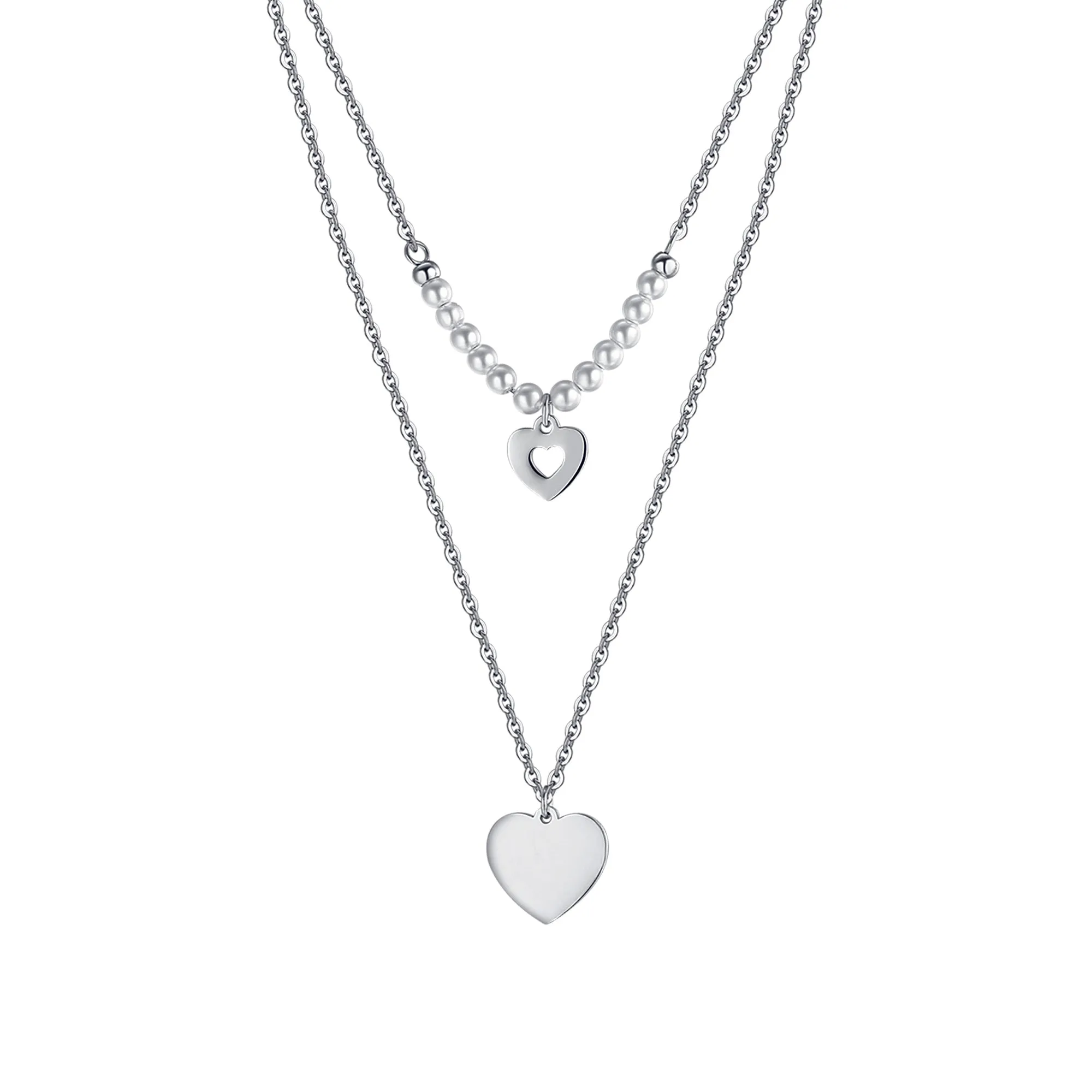 WOMEN'S STEEL NECKLACE WITH HEARTS AND WHITE PEARLS