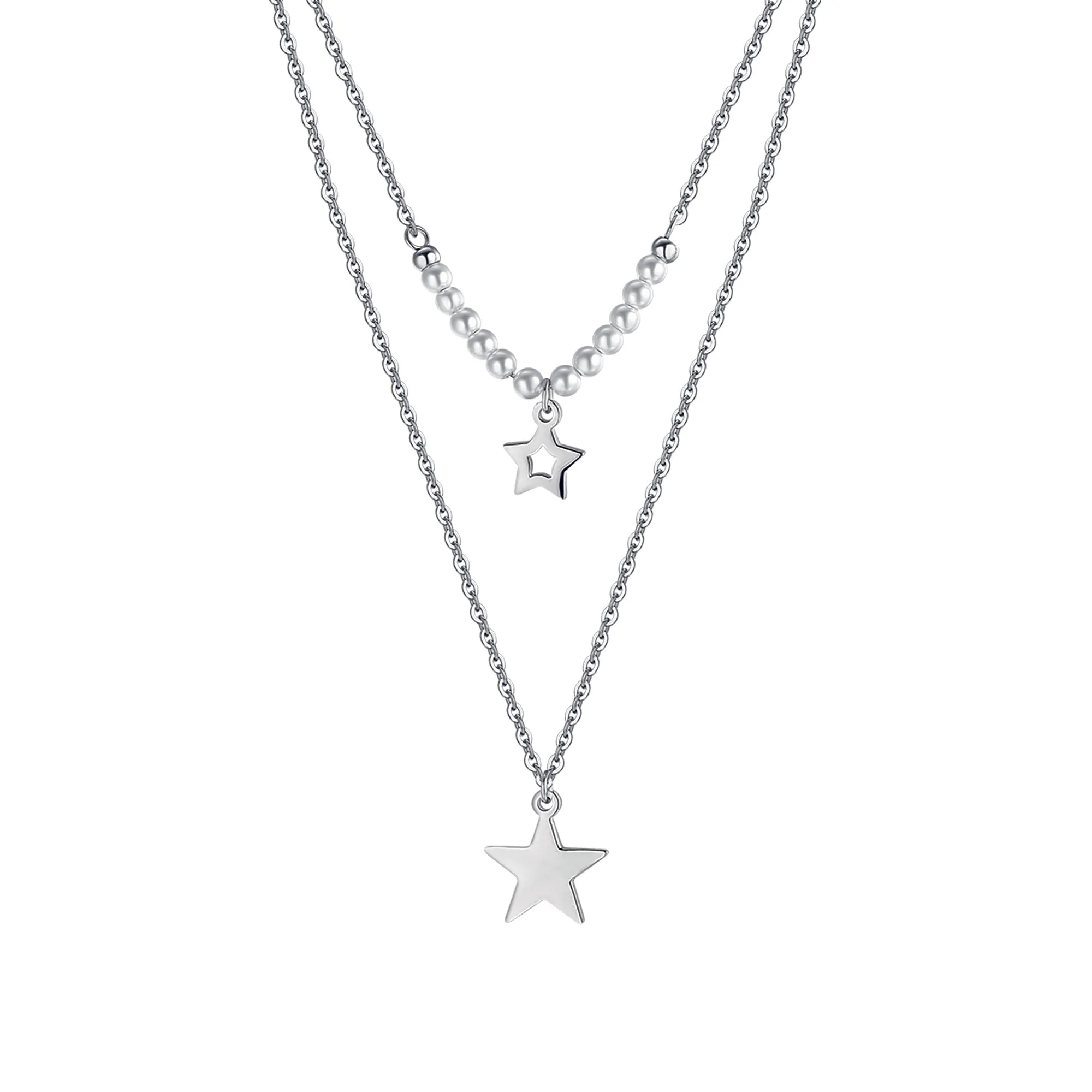 WOMEN'S STEEL NECKLACE WITH STARS AND WHITE PEARLS
