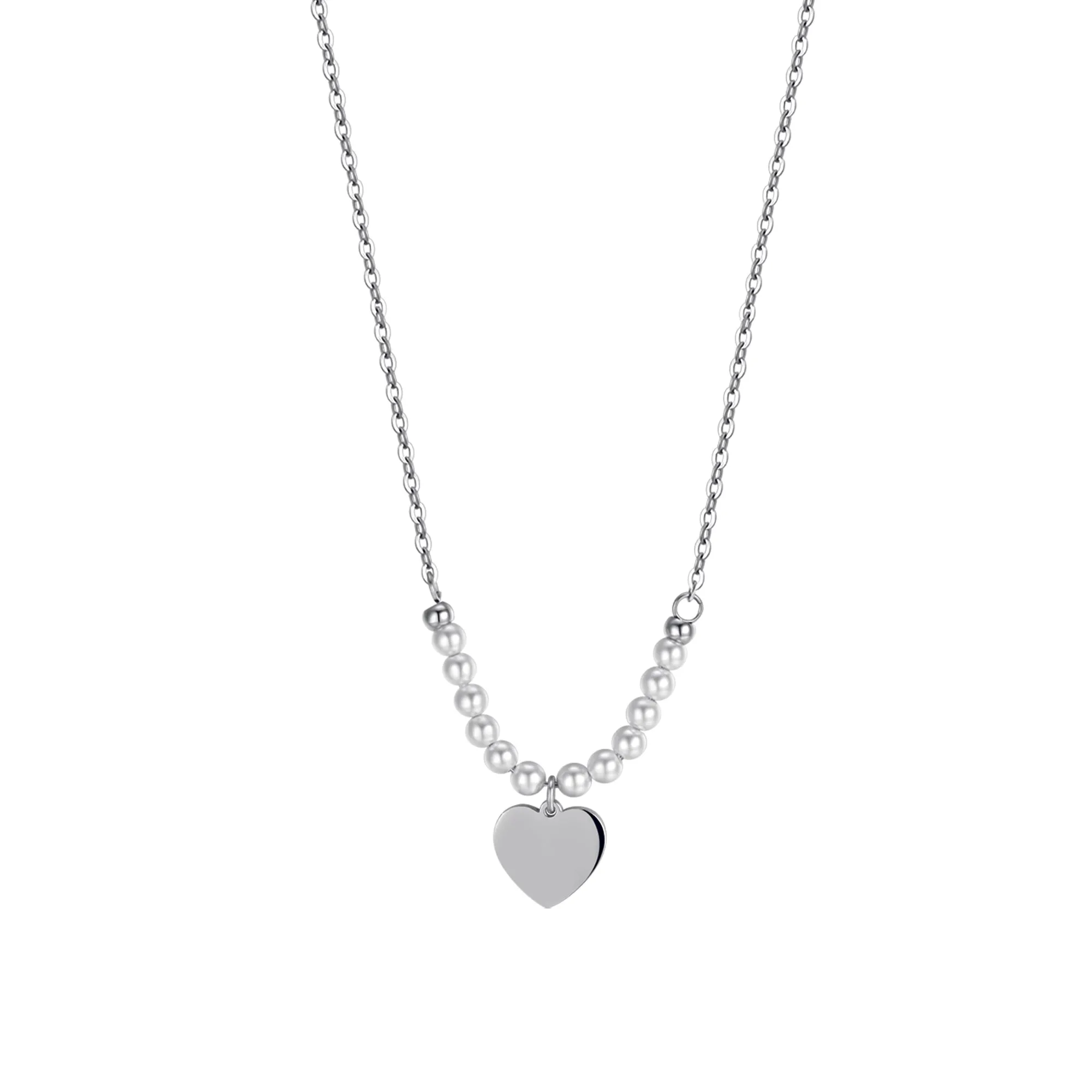 WOMEN'S STEEL NECKLACE WITH HEART AND WHITE PEARLS