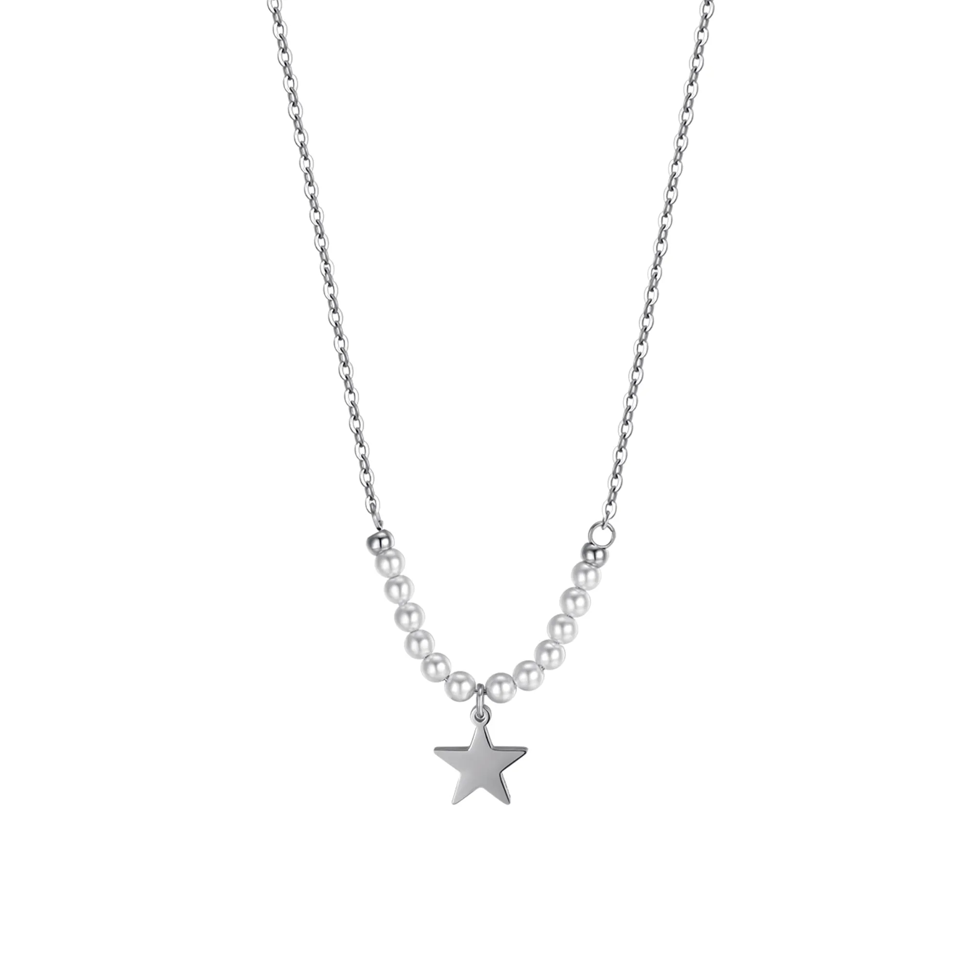WOMEN'S STEEL NECKLACE WITH STAR AND WHITE PEARLS