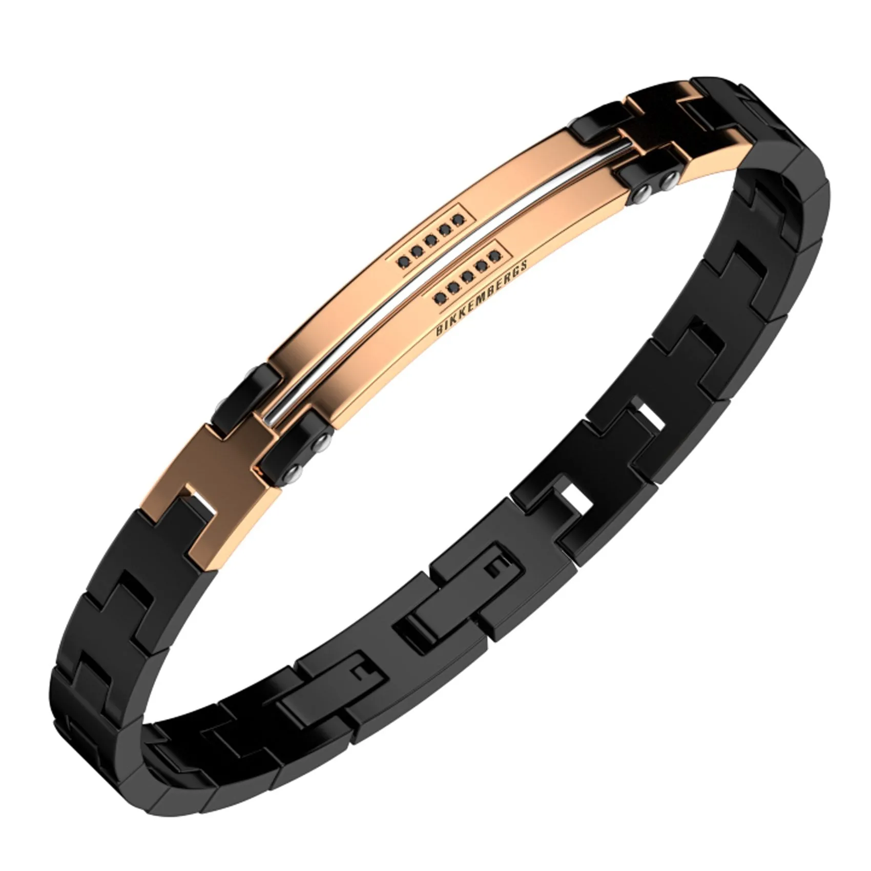 Bikkembergs Bracciale Uomo In Acciaio Nero Con Targa Rosata E Diamanti Neri