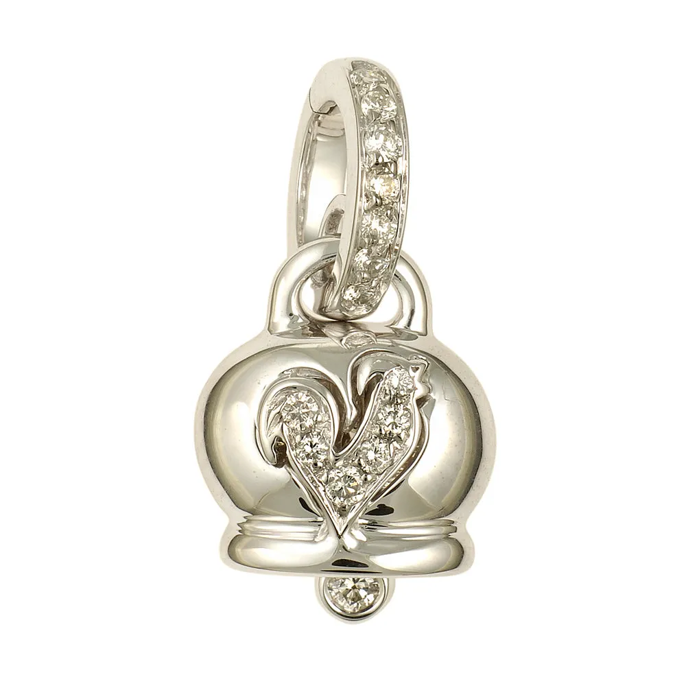 Chantecler Campanelle Ciondolo Piccolo In Oro Bianco, Diamanti E Gallo In Pavé Di Diamanti