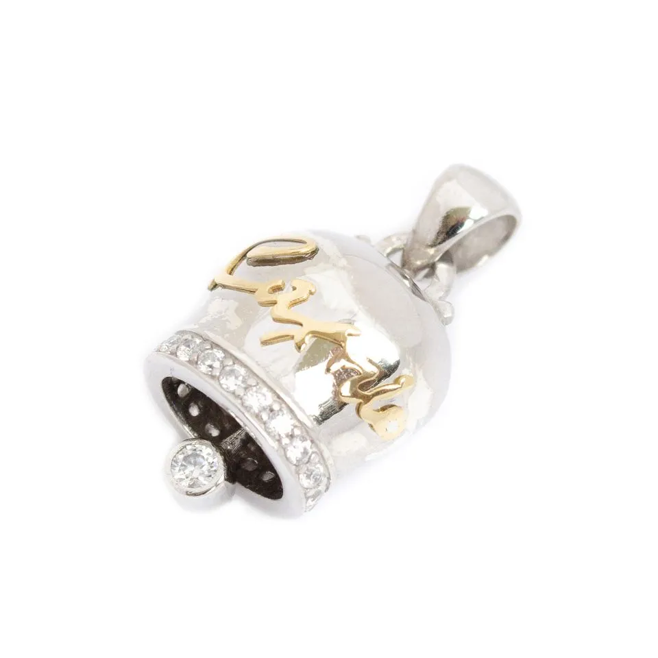 Ciondolo donna con Campanella della fortuna in argento 925, zirconi e lettering Capri in oro 18 kt