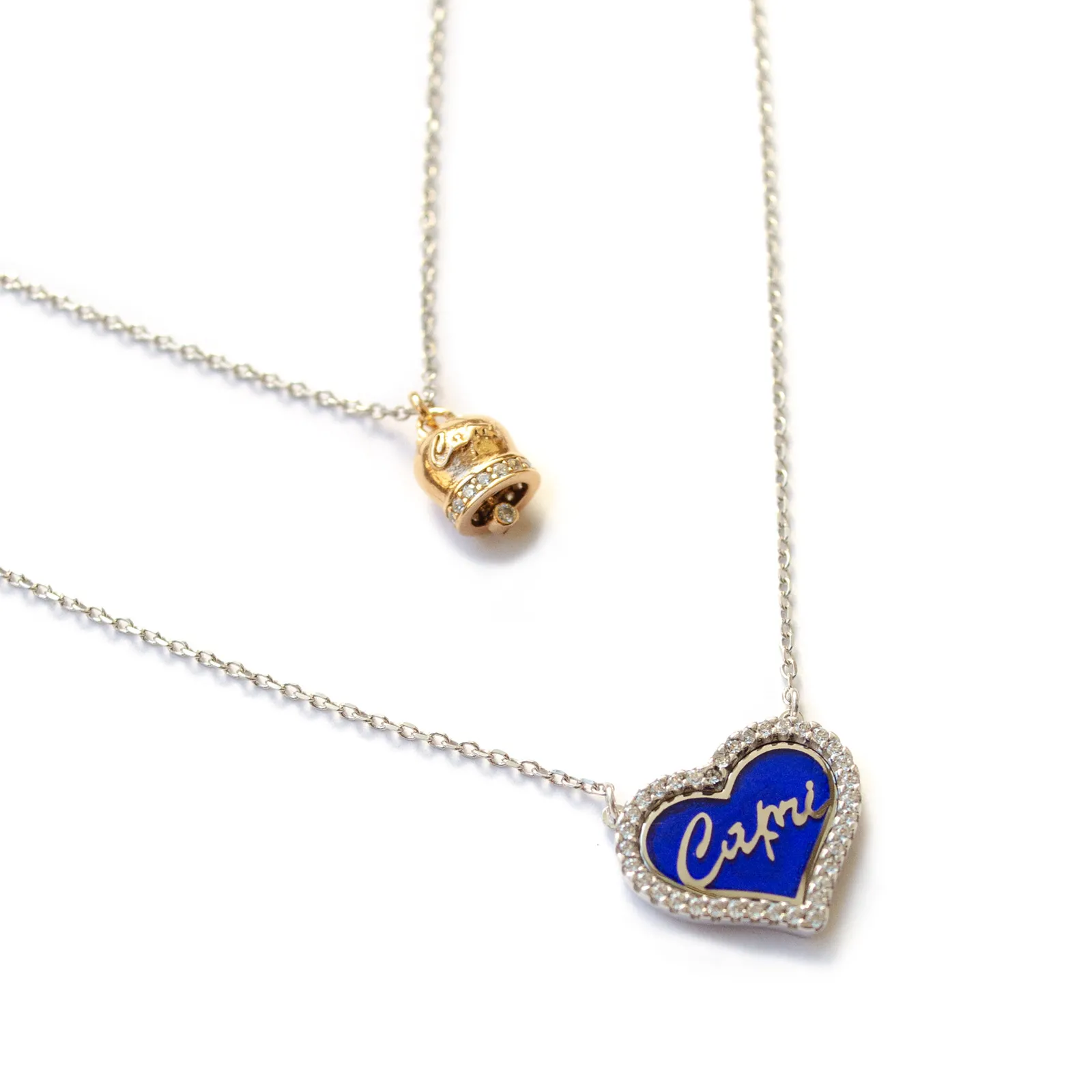 Doppia catenina in argento 925, cuore zirconato con lettering Capri e Campanella della fortuna gold (small size)