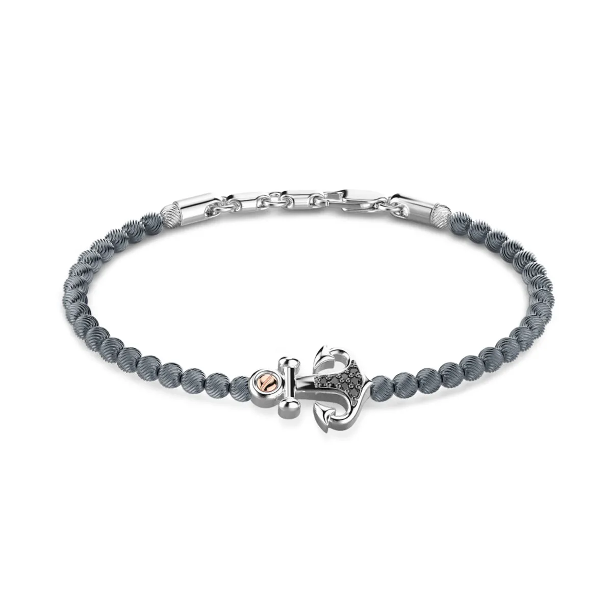 Zancan soft bracelet with silver spheres, anchor and black stones