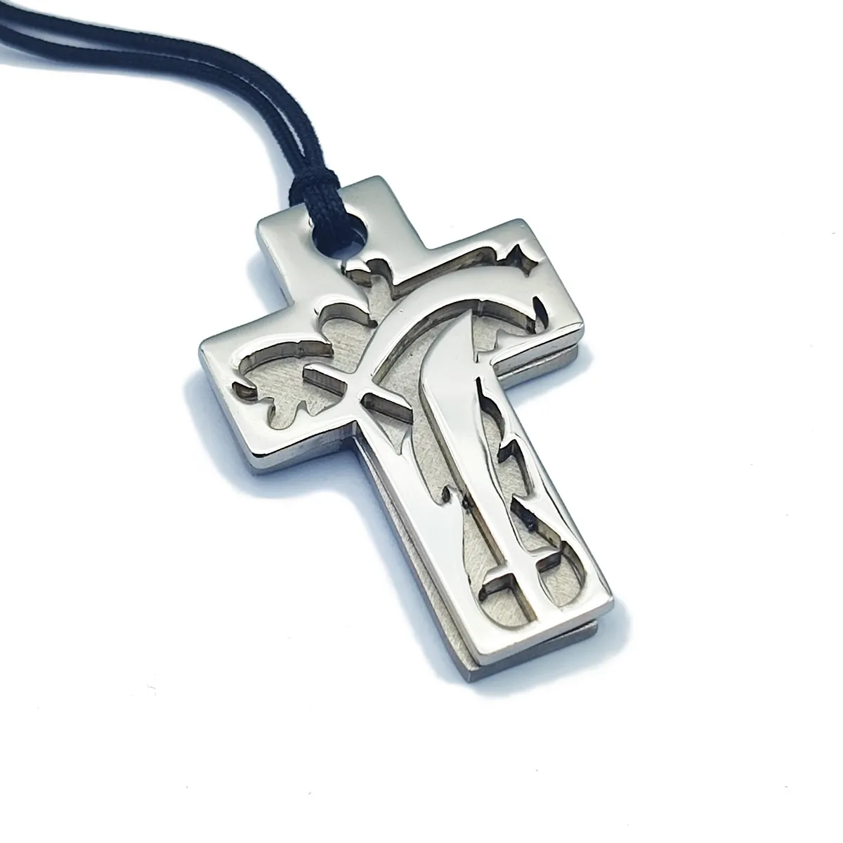 KRIS Collana con Pendente Croce con Spade in Acciaio e Cotone cerato Nero HKRLXX04