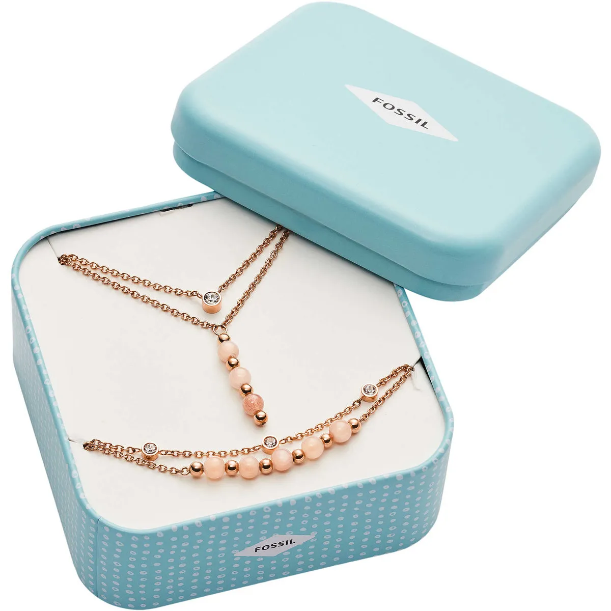 Fossil JF03529791 Set Bracciale e Girocollo in Acciaio color Oro Rosa e Pietra di Luna - Rose Beads