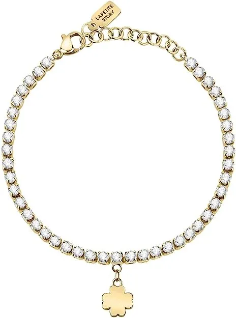 La Petite Story bracciale tennis donna in acciaio, cristalli ciondolo quadrifoglio dorato- LPS05ARR71
