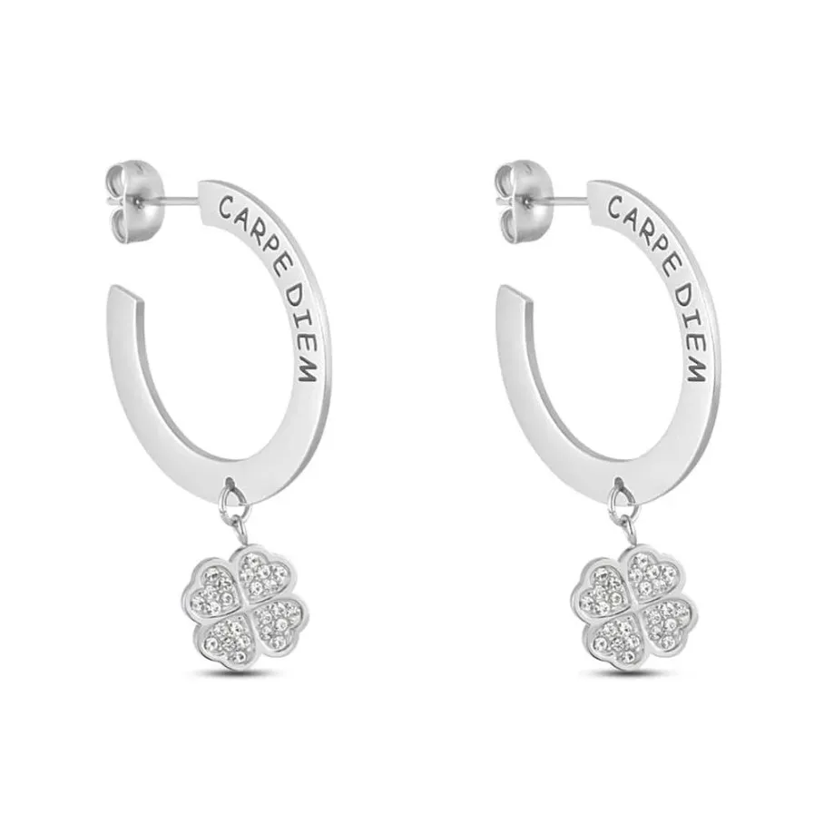 Orecchini Stroili donna a cerchio lady message acciaio quadrifoglio e cristalli 1675530