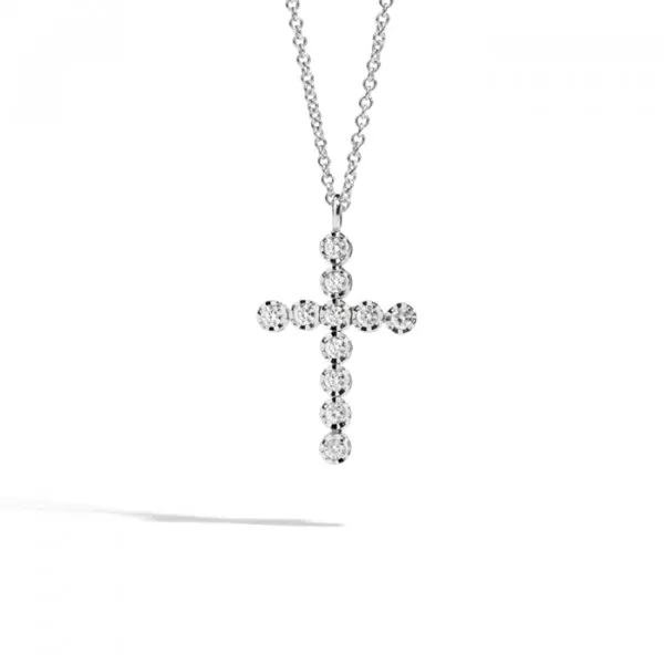 GIROCOLLO CROCE FACE ROUND, ORO BIANCO 18 KT E DIAMANTI