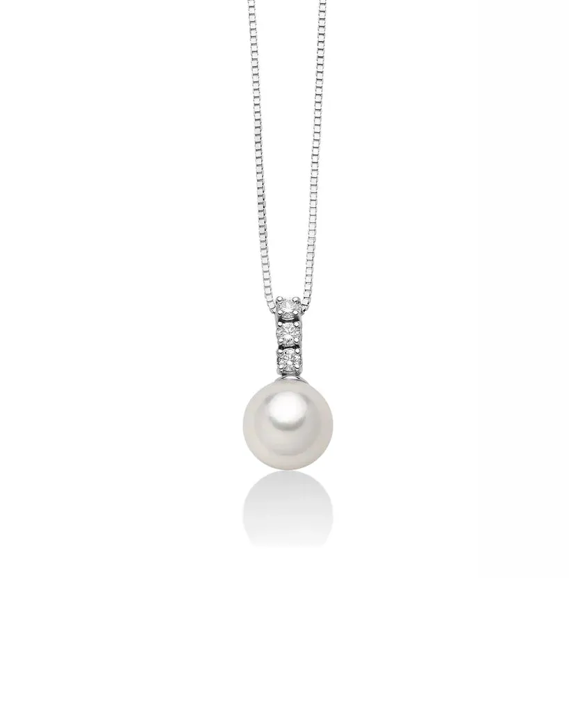 Nimei Collana Pendente Perla Akoya 8-8,5 In Oro Bianco E Trilogy Diamanti