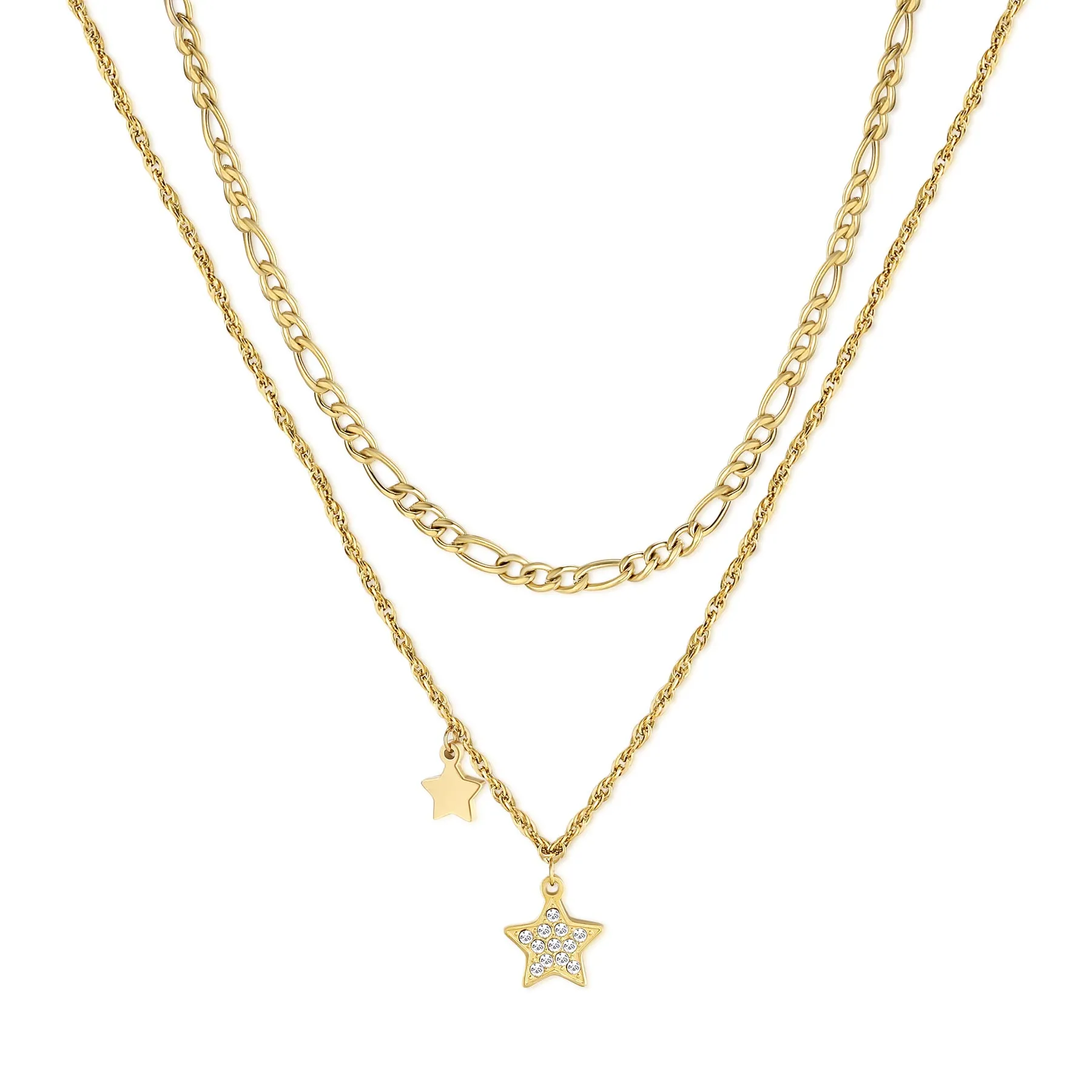 COLLANA SAGAPÒ AURORA DOPPIO FILO ACCIAIO FINITURA PVD ORO PENDENTI STELLE E CRISTALLI - SAR25