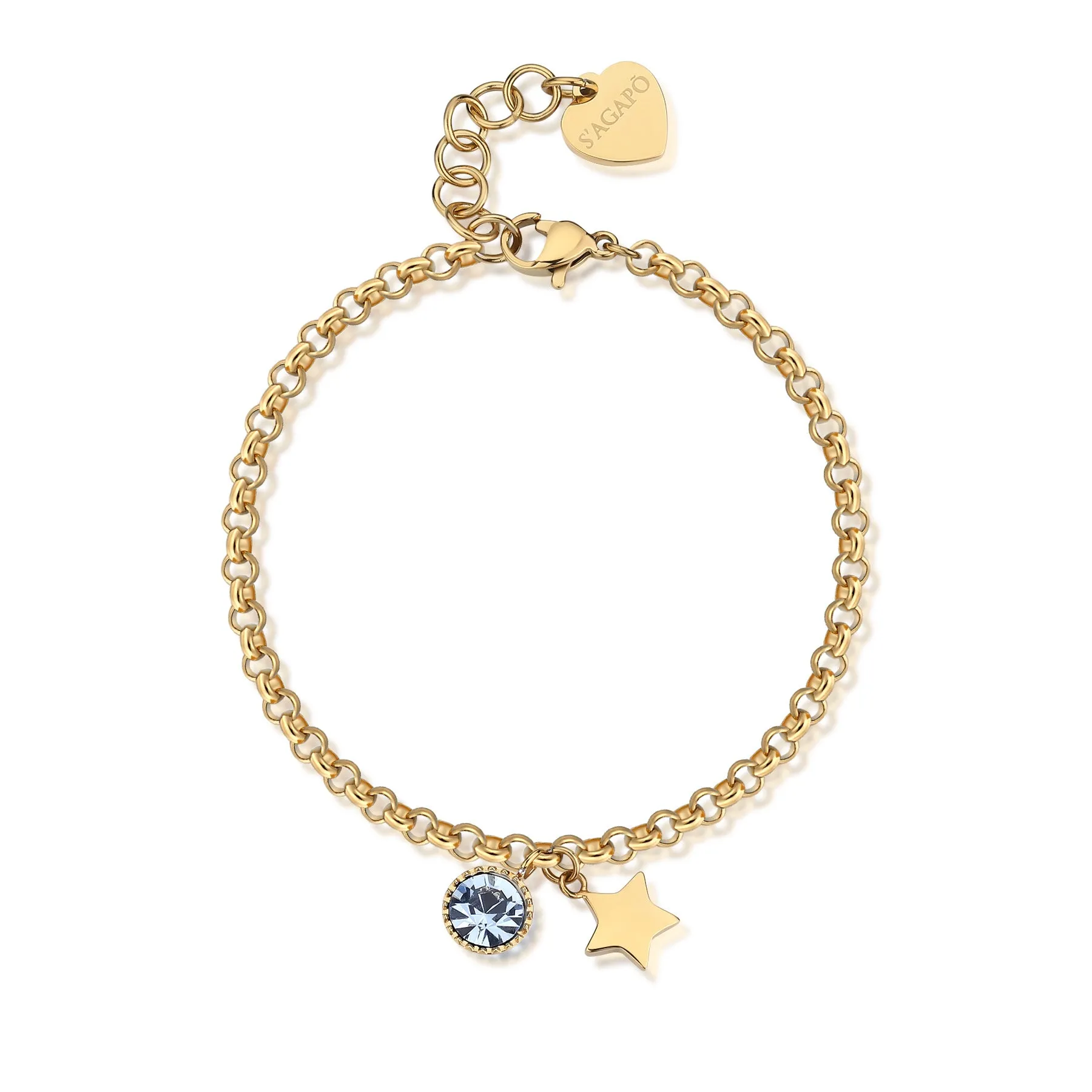 BRACCIALE SAGAPÒ LUCKY LIGHT PVD ORO CHARMS STELLA E CRISTALLO CELESTE - SKT28