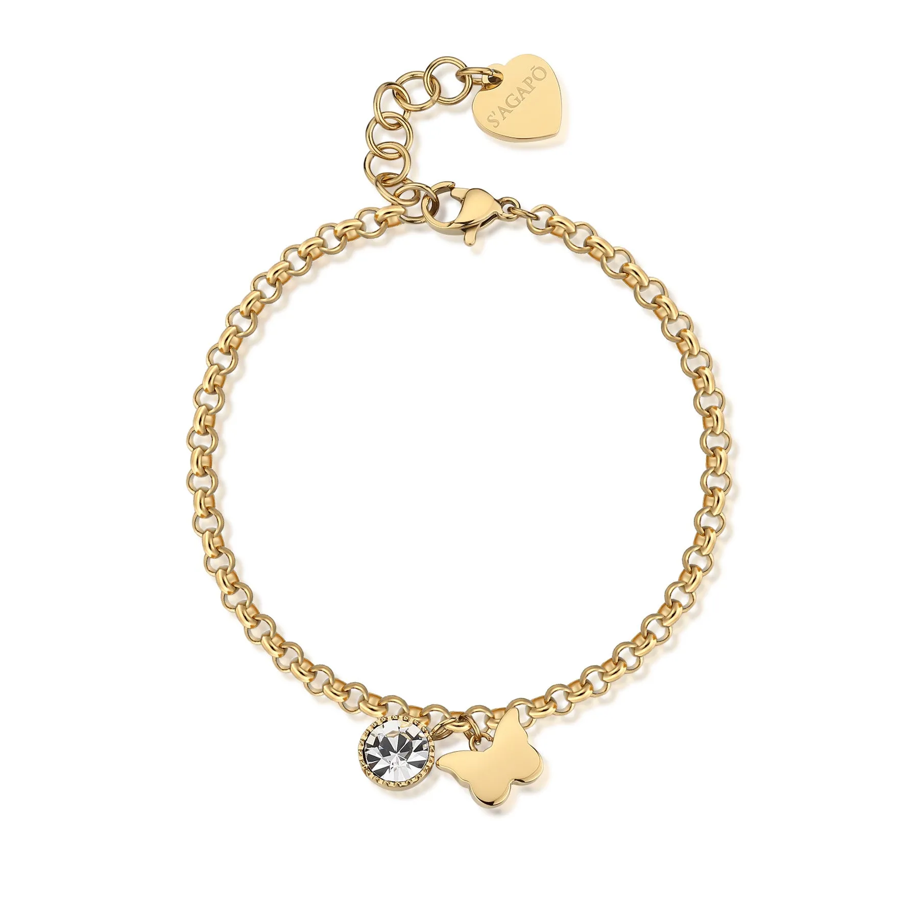 BRACCIALE SAGAPÒ LUCKY LIGHT PVD ORO CHARMS FARFALLA E CRISTALLO - SKT30