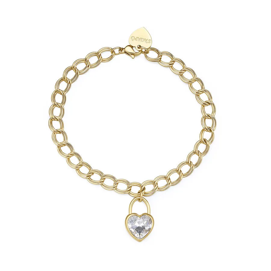 SYL28 S'AGAPò Bracciale MY LOVE con Charm di Cristallo a forma di cuore Placcato Oro