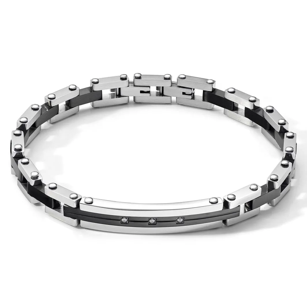 COMETE Uomo Acciaio UBR 1037 Bracciale Bicolore Nero, Argento e Zirconi - Zip