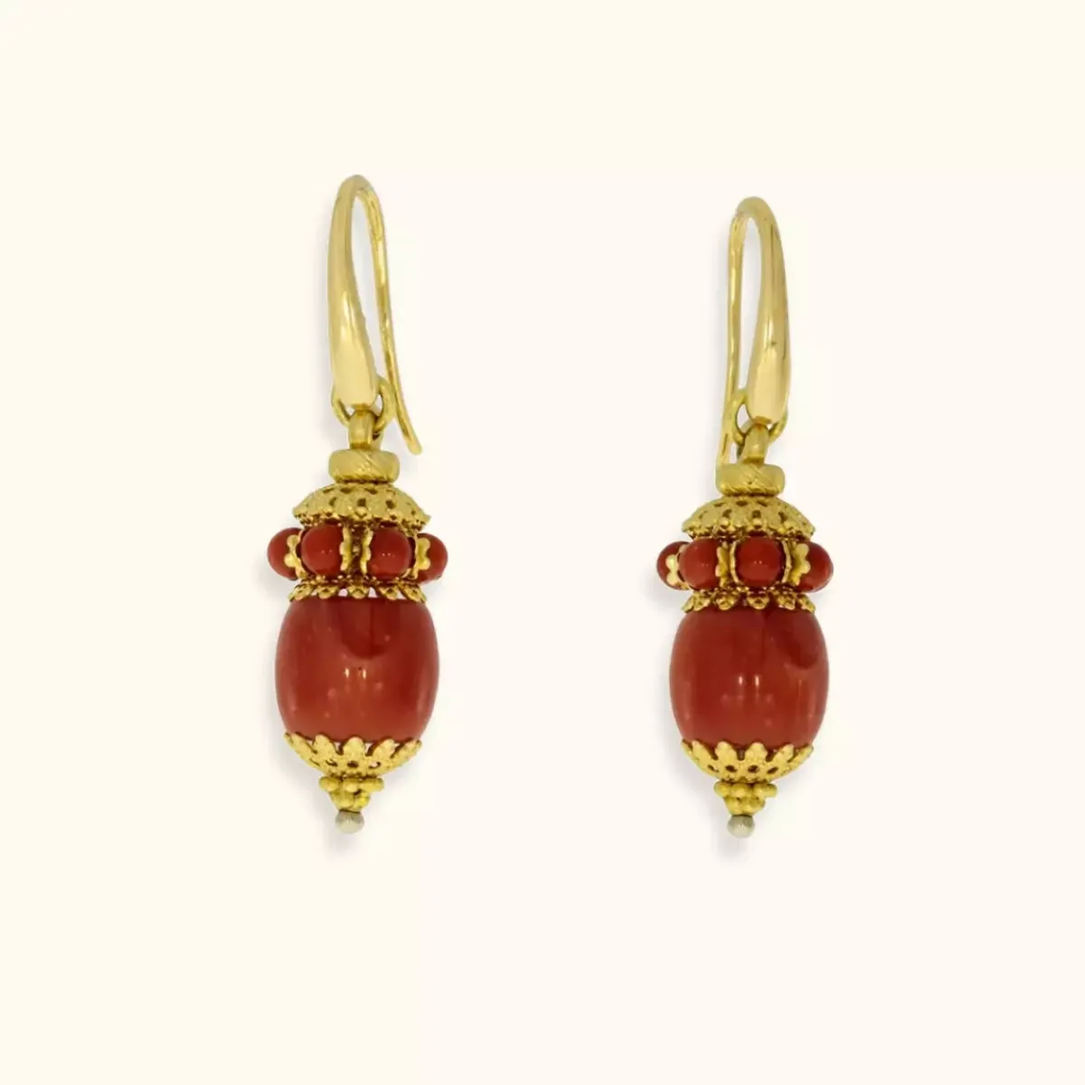 ALFYO Orecchini Pendenti con Corallo Rosso e Oro 18 kt