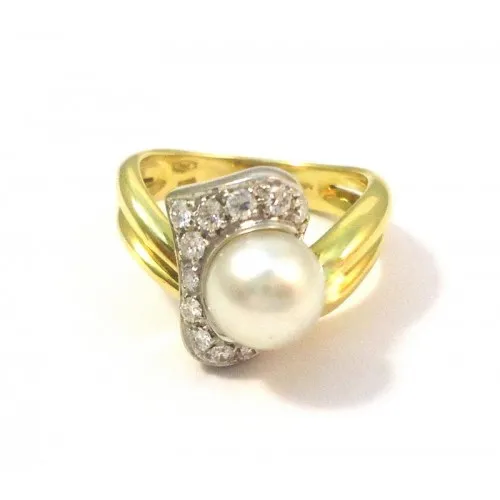 ANELLO CON PAVE' DI DIAMANTI DA DONNA IN ORO GIALLO E BIANCO 18 KT CON PERLA