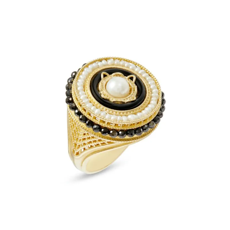 anello fantasia donna Gerardo Sacco Perle e pietre preziose 14328 in oro 375 giallo con agata zirconi e perle