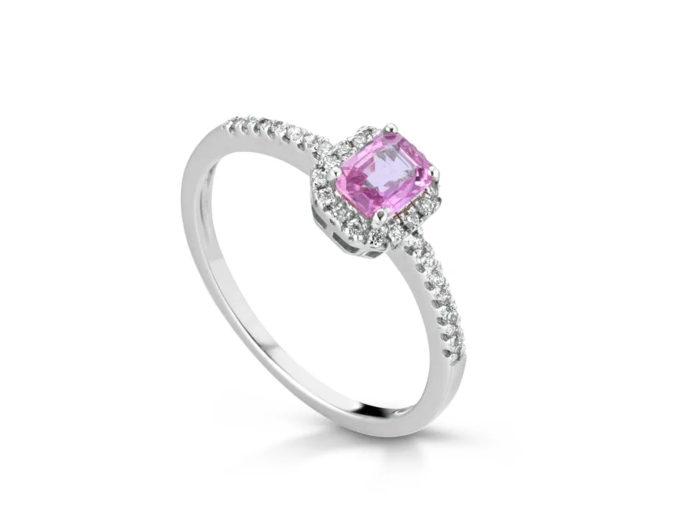 ANELLO ORO BIANCO ZAFFIRO ROSA E DIAMANTI ANAURORA+CG/R